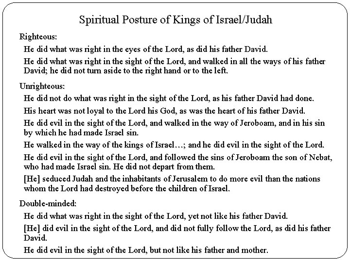 Spiritual Posture of Kings of Israel/Judah Righteous: He did what was right in the