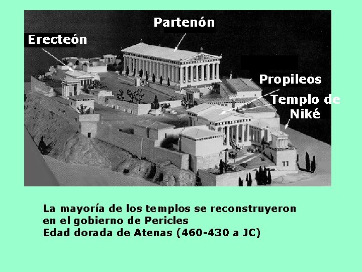 Partenón Erecteón Propileos Templo de Niké La mayoría de los templos se reconstruyeron en