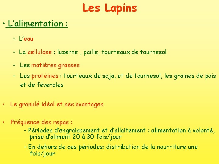 Les Lapins • L’alimentation : - L’eau - La cellulose : luzerne , paille,