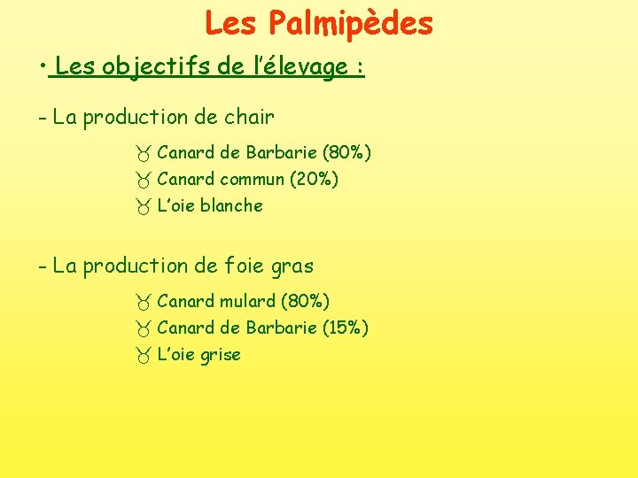 Les Palmipèdes • Les objectifs de l’élevage : - La production de chair Canard