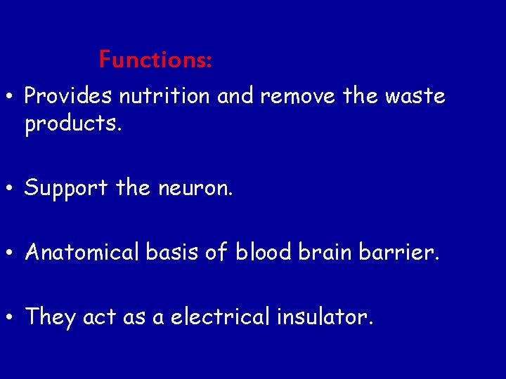 Functions: • Provides nutrition and remove the waste products. • Support the neuron. •