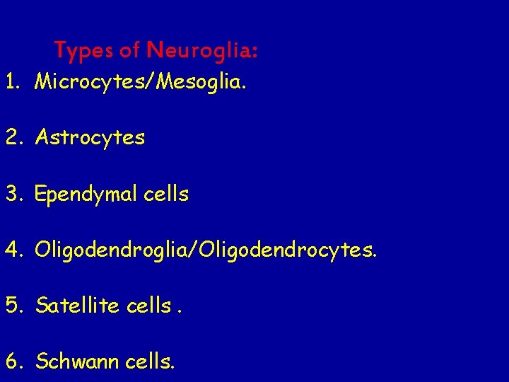 Types of Neuroglia: 1. Microcytes/Mesoglia. 2. Astrocytes 3. Ependymal cells 4. Oligodendroglia/Oligodendrocytes. 5. Satellite