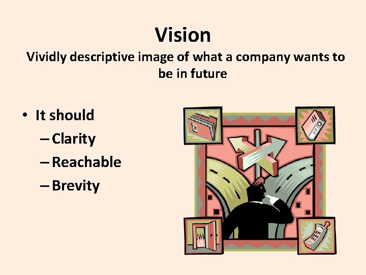 Vision Vividly descriptive image of what a company wants to be in future •