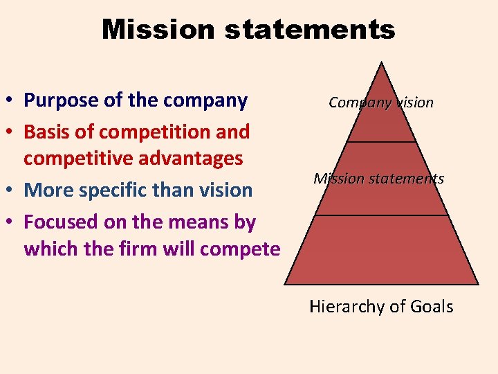 Mission statements • Purpose of the company • Basis of competition and competitive advantages