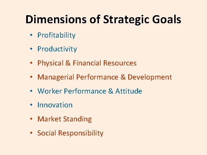 Dimensions of Strategic Goals • Profitability • Productivity • Physical & Financial Resources •