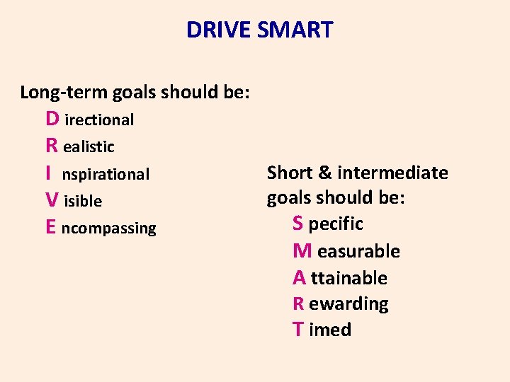 DRIVE SMART Long-term goals should be: D irectional R ealistic I nspirational V isible