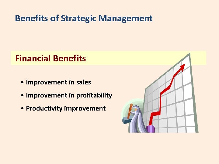 Benefits of Strategic Management Financial Benefits • Improvement in sales • Improvement in profitability