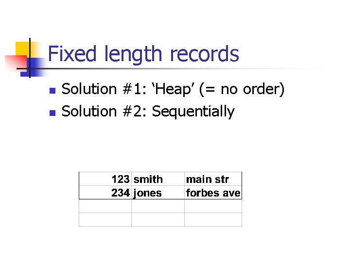 Fixed length records n n Solution #1: ‘Heap’ (= no order) Solution #2: Sequentially