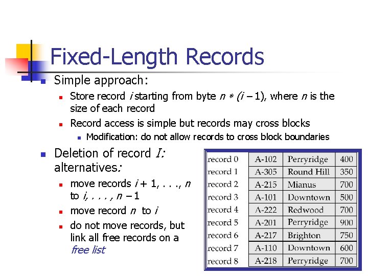 Fixed-Length Records n Simple approach: n n Store record i starting from byte n