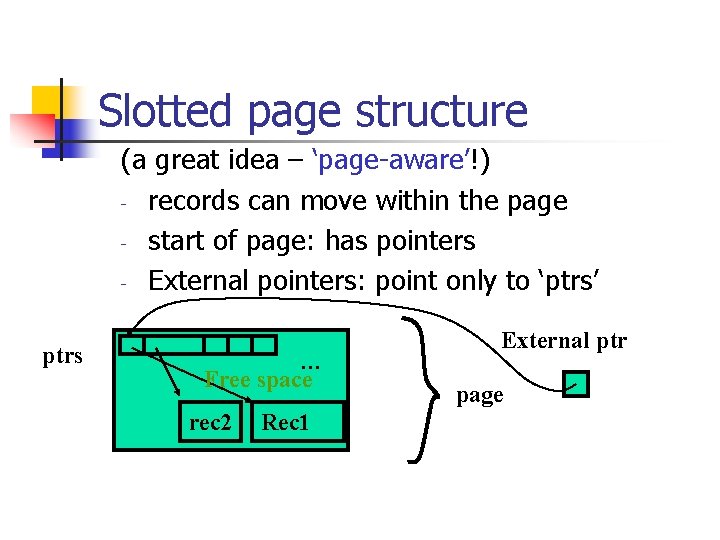 Slotted page structure (a great idea – ‘page-aware’!) - records can move within the