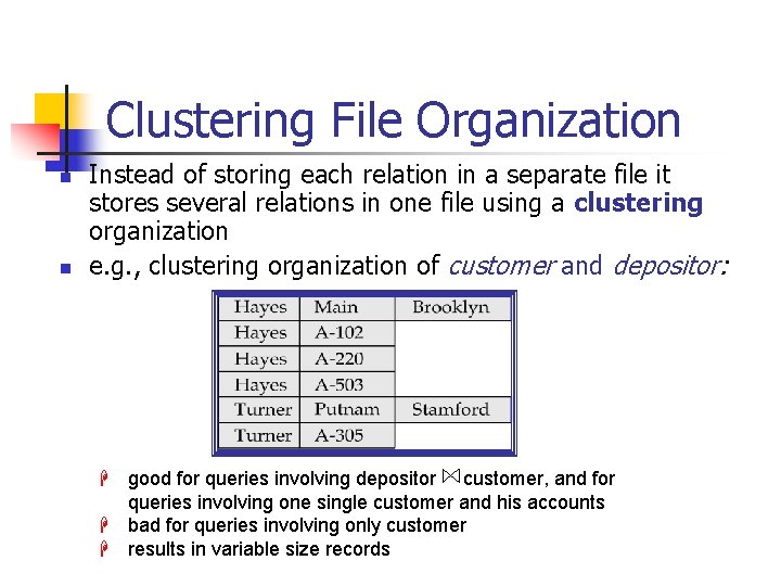 Clustering File Organization n n Instead of storing each relation in a separate file