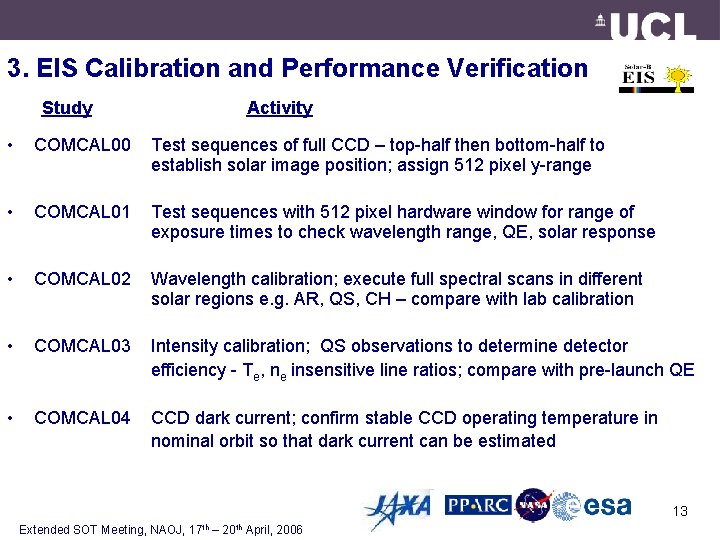 3. EIS Calibration and Performance Verification Study Activity • COMCAL 00 Test sequences of