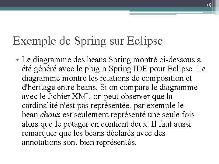 19 Exemple de Spring sur Eclipse • Le diagramme des beans Spring montré ci-dessous