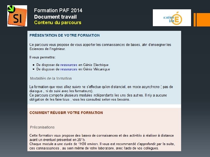 Formation PAF 2014 Document travail Contenu du parcours 