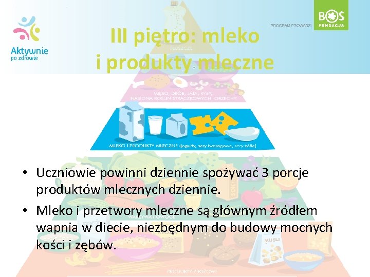 III piętro: mleko i produkty mleczne • Uczniowie powinni dziennie spożywać 3 porcje produktów