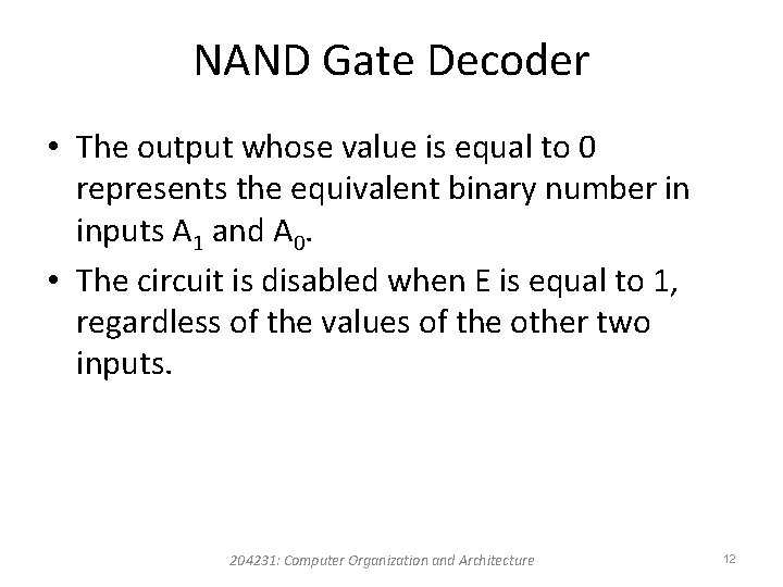 NAND Gate Decoder • The output whose value is equal to 0 represents the