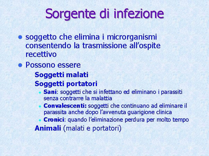 Sorgente di infezione soggetto che elimina i microrganismi consentendo la trasmissione all’ospite recettivo l