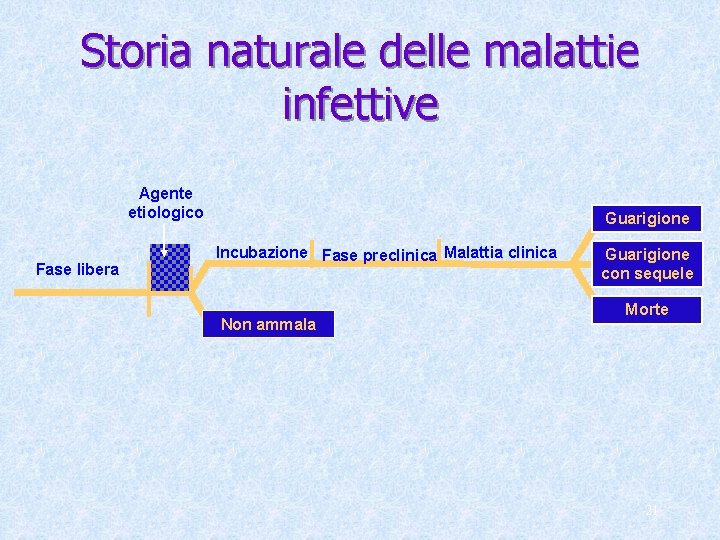 Storia naturale delle malattie infettive Agente etiologico Fase libera Guarigione Incubazione Fase preclinica Malattia