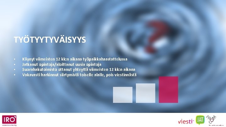 TYÖTYYTYVÄISYYS • • Käynyt viimeisten 12 kk: n aikana työpaikkahaastattelussa Jatkanut opintoja/aloittanut uusia opintoja