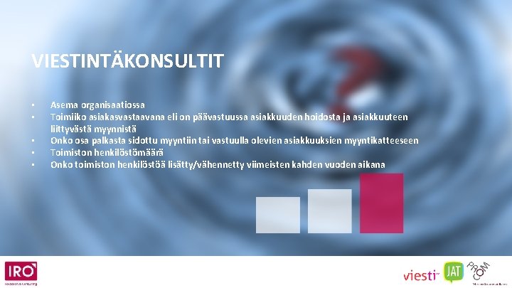 VIESTINTÄKONSULTIT • • • Asema organisaatiossa Toimiiko asiakasvastaavana eli on päävastuussa asiakkuuden hoidosta ja