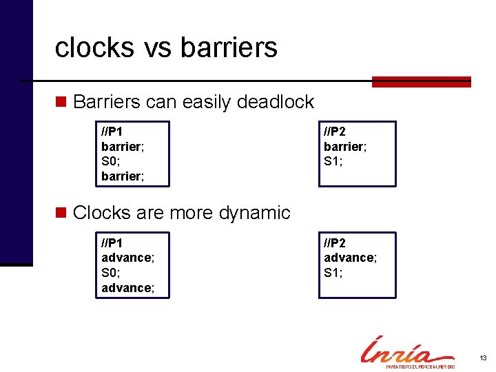 clocks vs barriers n Barriers can easily deadlock //P 1 barrier; S 0; barrier;