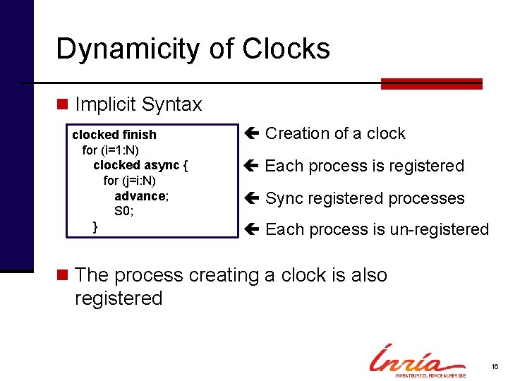 Dynamicity of Clocks n Implicit Syntax clocked finish for (i=1: N) clocked async {