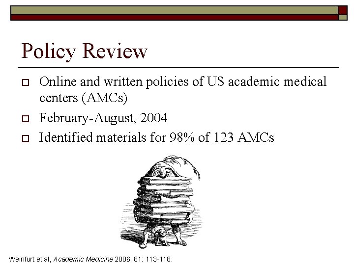 Policy Review o o o Online and written policies of US academic medical centers