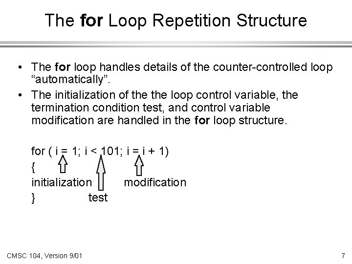 The for Loop Repetition Structure • The for loop handles details of the counter-controlled