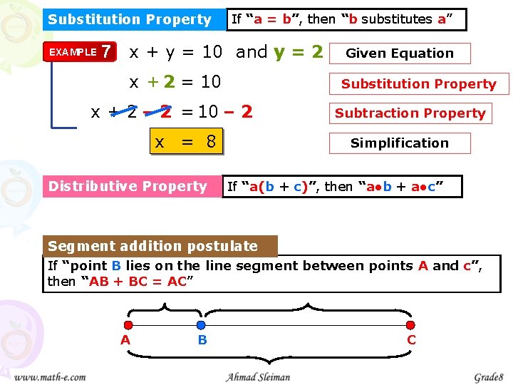 Substitution Property EXAMPLE 7 If “a = b”, then “b substitutes a” x +