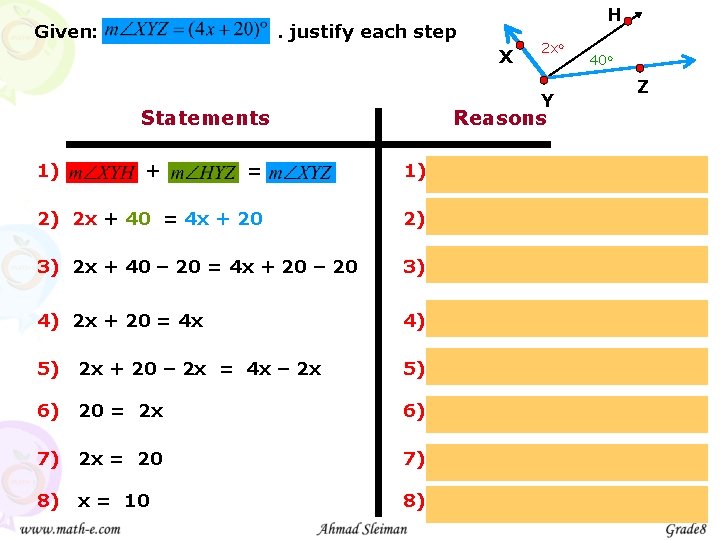 Given: H . justify each step X Statements 1) + = 2 xo 40