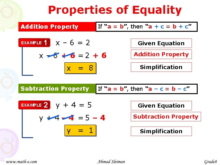 Properties of Equality Addition Property If “a = b”, then “a + c =
