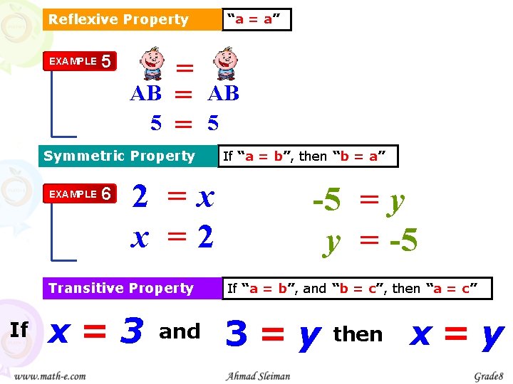 Reflexive Property EXAMPLE 5 AB 5 = = = “a = a” AB 5