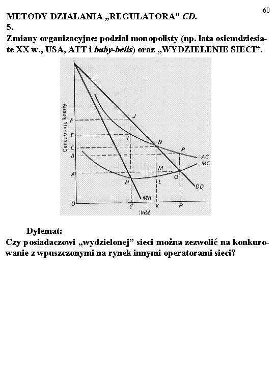 60 METODY DZIAŁANIA „REGULATORA” CD. 5. Zmiany organizacyjne: podział monopolisty (np. lata osiemdziesiąte XX