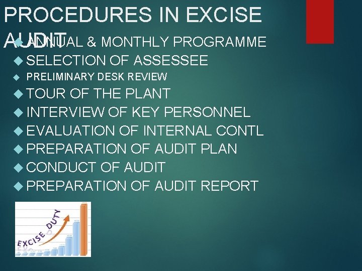 PROCEDURES IN EXCISE ANNUAL & MONTHLY PROGRAMME AUDIT SELECTION OF ASSESSEE PRELIMINARY DESK REVIEW