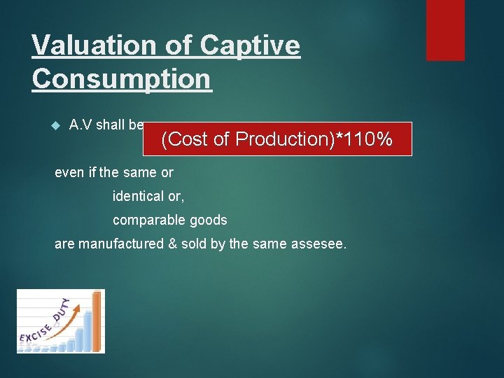 Valuation of Captive Consumption A. V shall be : - (Cost of Production)*110% even
