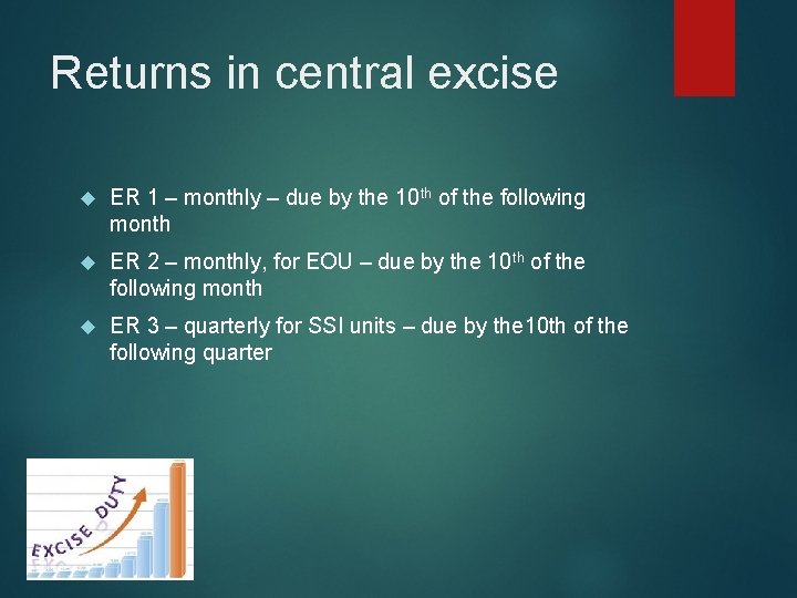 Returns in central excise ER 1 – monthly – due by the 10 th