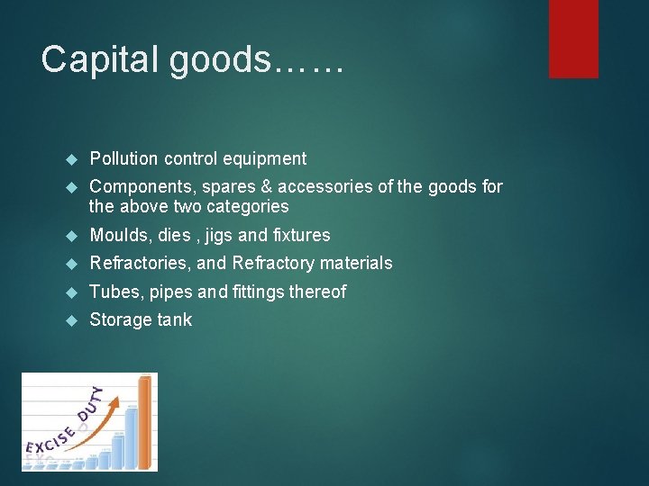 Capital goods…… Pollution control equipment Components, spares & accessories of the goods for the