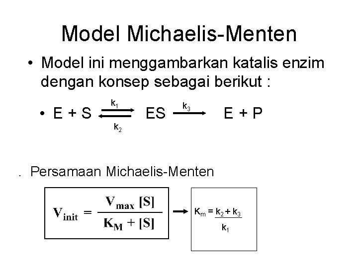Model Michaelis-Menten • Model ini menggambarkan katalis enzim dengan konsep sebagai berikut : • Model Michaelis-Menten • Model ini menggambarkan katalis enzim dengan konsep sebagai berikut : •