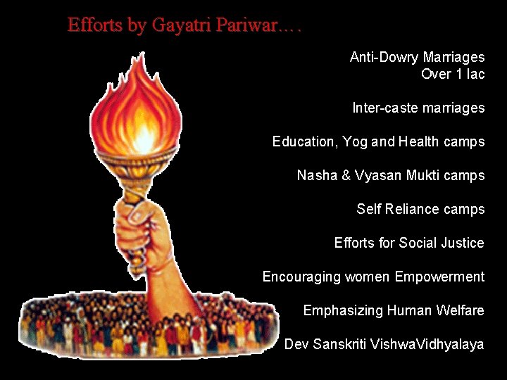 Efforts by Gayatri Pariwar…. Anti-Dowry Marriages Over 1 lac Inter-caste marriages Education, Yog and
