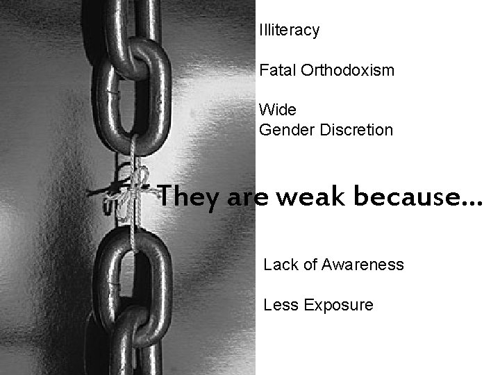 Illiteracy Fatal Orthodoxism Wide Gender Discretion They are weak because… Lack of Awareness Less