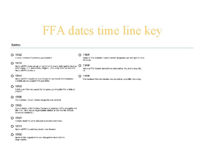 FFA dates time line key 