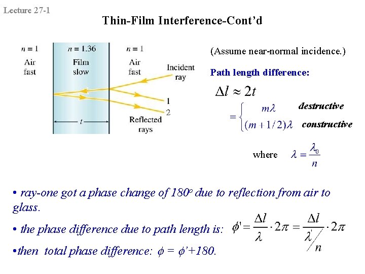 Lecture 27 -1 Thin-Film Interference-Cont’d (Assume near-normal incidence. ) Path length difference: destructive constructive