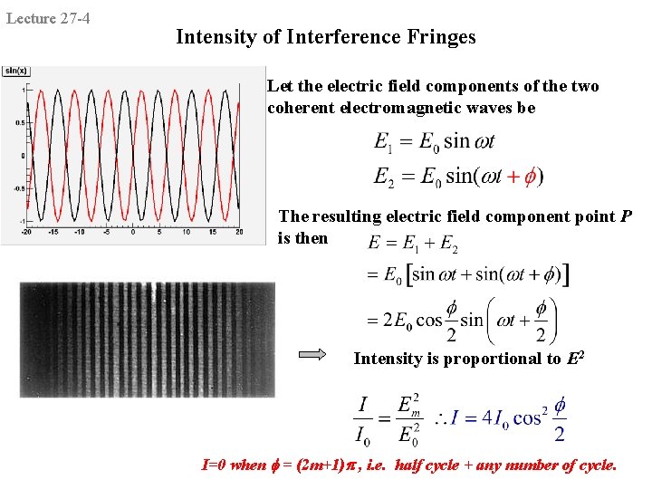 Lecture 27 -4 Intensity of Interference Fringes Let the electric field components of the