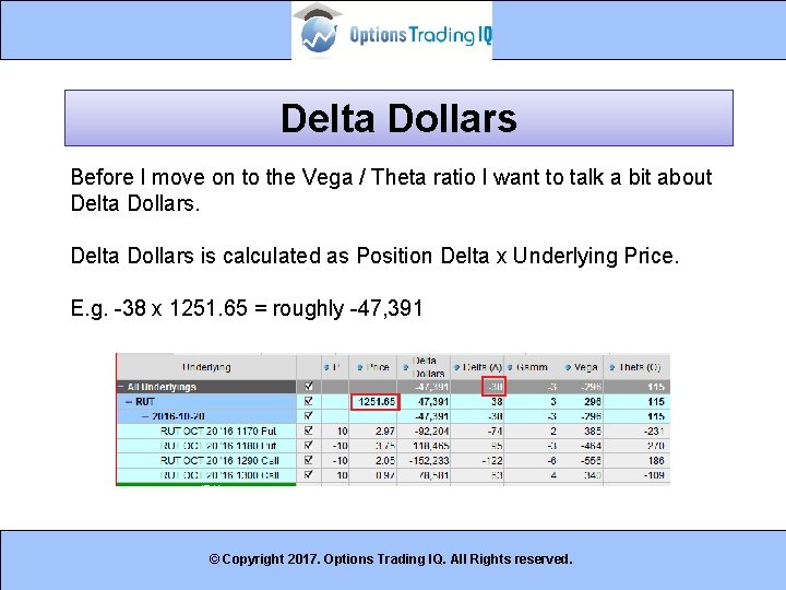Delta Dollars Before I move on to the Vega / Theta ratio I want