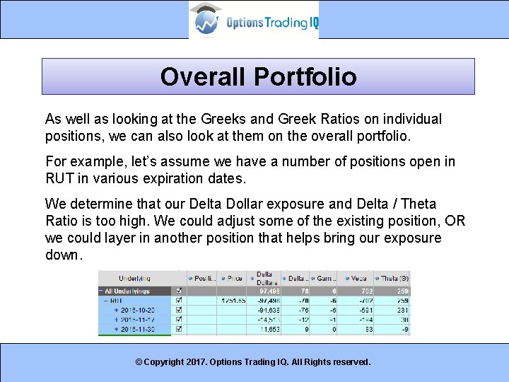 Overall Portfolio As well as looking at the Greeks and Greek Ratios on individual
