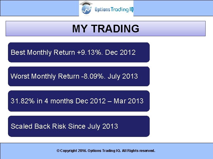 MY TRADING Best Monthly Return +9. 13%. Dec 2012 Worst Monthly Return -8. 09%.