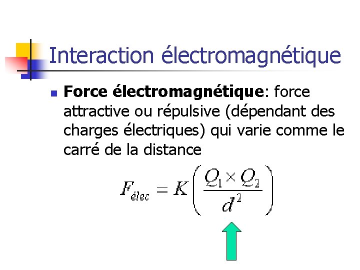 Interaction électromagnétique n Force électromagnétique: force attractive ou répulsive (dépendant des charges électriques) qui