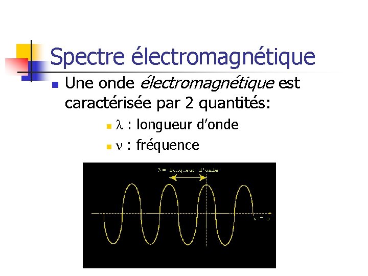 Spectre électromagnétique n Une onde électromagnétique est caractérisée par 2 quantités: l : longueur