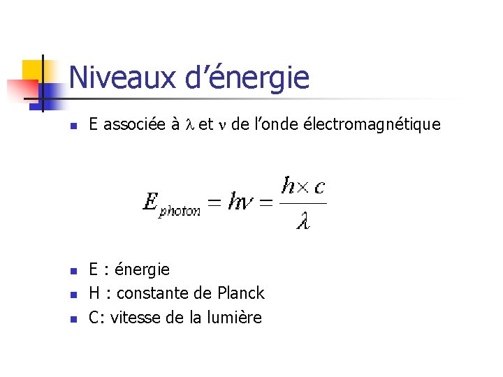 Niveaux d’énergie n n E associée à l et n de l’onde électromagnétique E