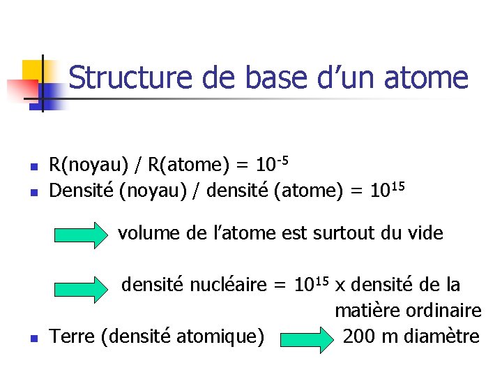Structure de base d’un atome n n R(noyau) / R(atome) = 10 -5 Densité